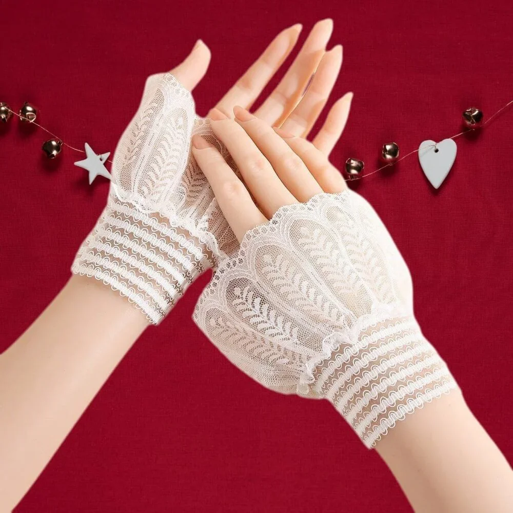 Women's Evening White Short Lace Wrist Cuffs Gloves Party Costume Accessory